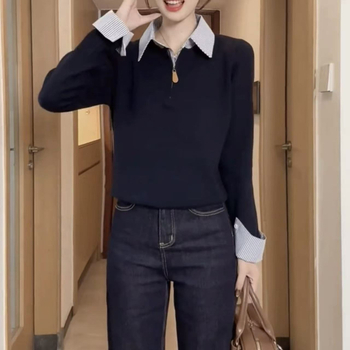 Pulover cu guler polo și tricot patchwork, cu glugă, croială lejeră, amestec lână-spandex (30–50% lână, 50–70% spandex)