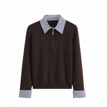 Pulover cu guler polo și tricot patchwork, cu glugă, croială lejeră, amestec lână-spandex (30–50% lână, 50–70% spandex)