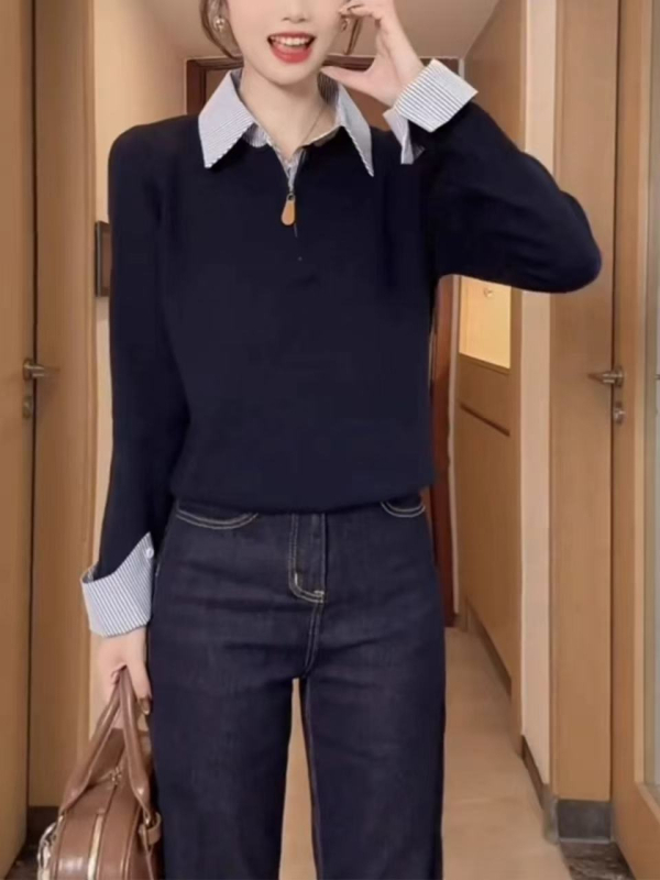 Pulover cu guler polo și tricot patchwork, cu glugă, croială lejeră, amestec lână-spandex (30–50% lână, 50–70% spandex)