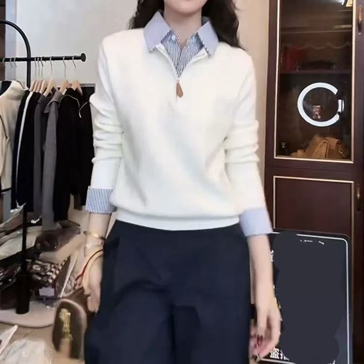 Pulover cu guler polo și tricot patchwork, cu glugă, croială lejeră, amestec lână-spandex (30–50% lână, 50–70% spandex)