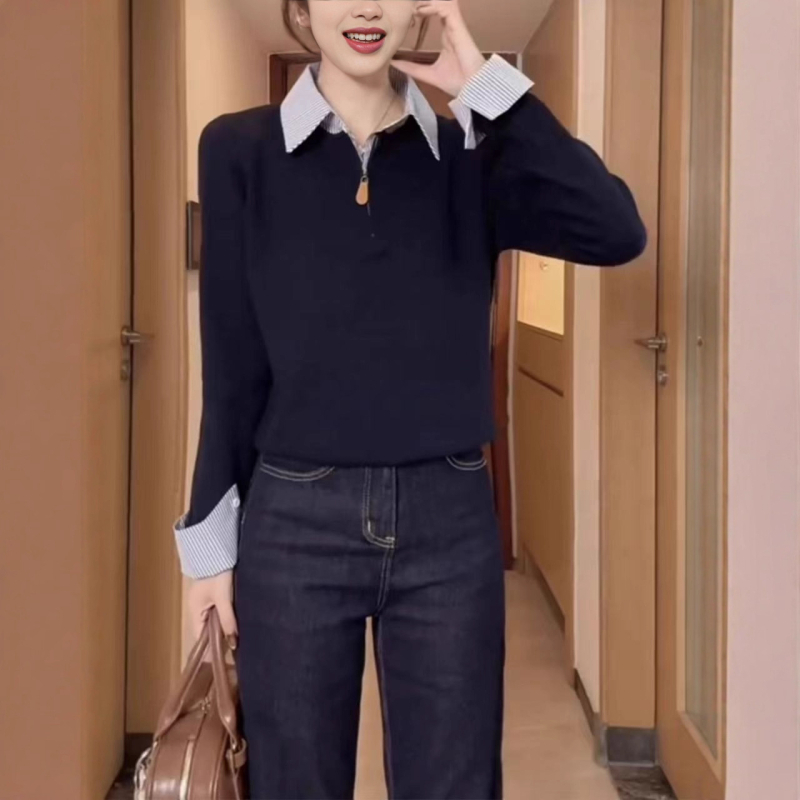 Pulover cu guler polo și tricot patchwork, cu glugă, croială lejeră, amestec lână-spandex (30–50% lână, 50–70% spandex)