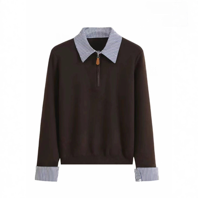 Pulover cu guler polo și tricot patchwork, cu glugă, croială lejeră, amestec lână-spandex (30–50% lână, 50–70% spandex)