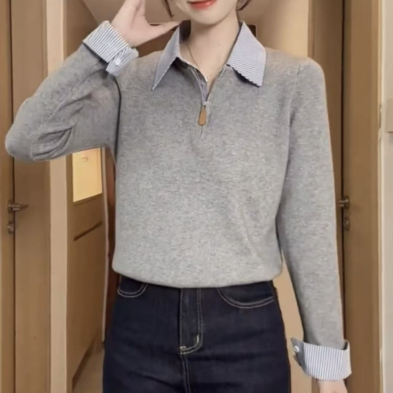 Pulover cu guler polo și tricot patchwork, cu glugă, croială lejeră, amestec lână-spandex (30–50% lână, 50–70% spandex)