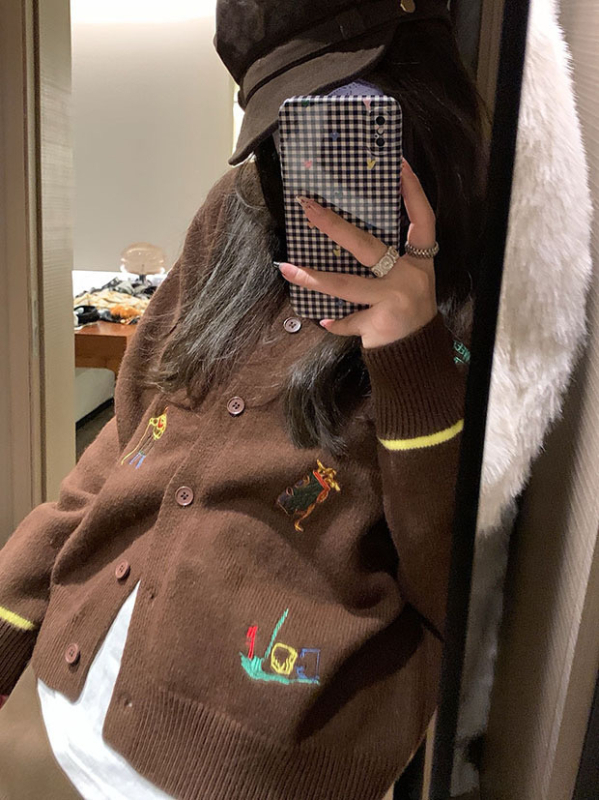 Cardigan tricotat pentru femei cu motiv brodat de desen animat, mâneci lungi, guler rotund, croială lejeră, amestec acrilic-poliester