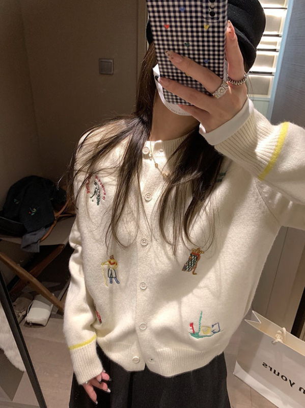 Cardigan tricotat pentru femei cu motiv brodat de desen animat, mâneci lungi, guler rotund, croială lejeră, amestec acrilic-poliester
