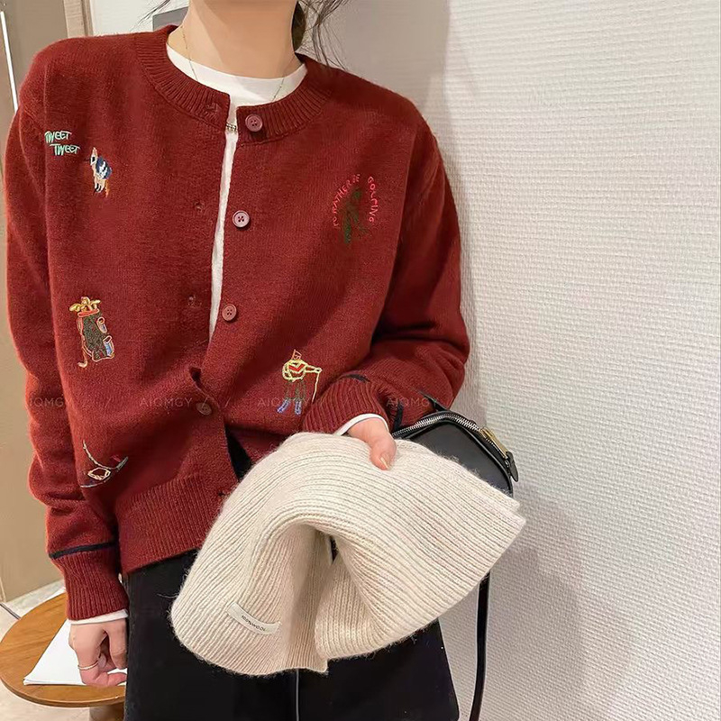 Cardigan tricotat pentru femei cu motiv brodat de desen animat, mâneci lungi, guler rotund, croială lejeră, amestec acrilic-poliester