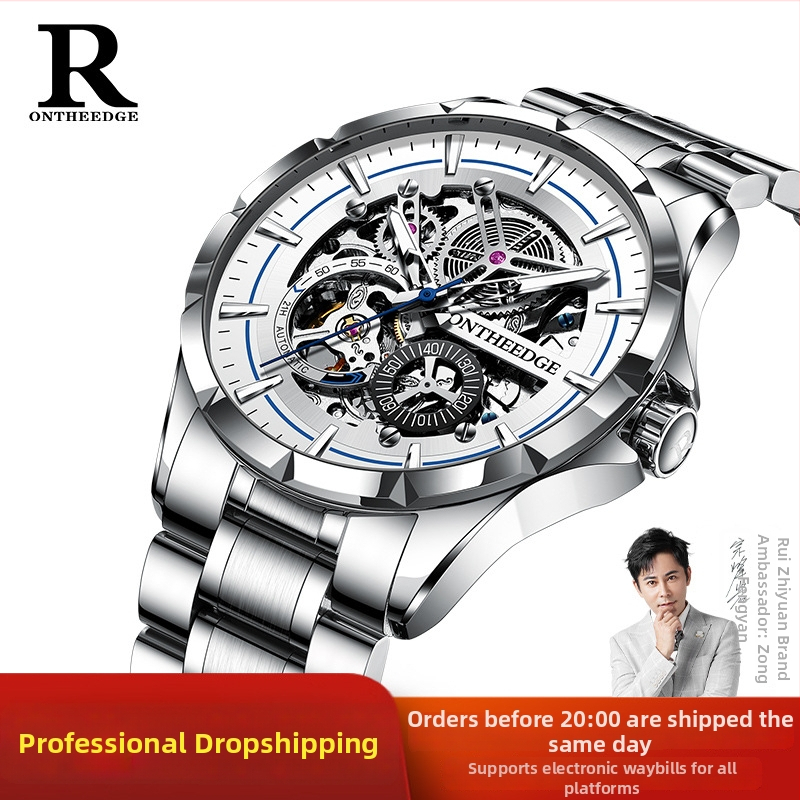 Pánske hodinky s dutým tourbillonom, automatický mechanický pohyb, svetelný ciferník, vodotesnosť 30 m, nerezový remienok