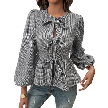 Дамска риза с пуф ръкави, кръгло деколте, връзваща планка, модел райета/решетка, полиестер 95%+