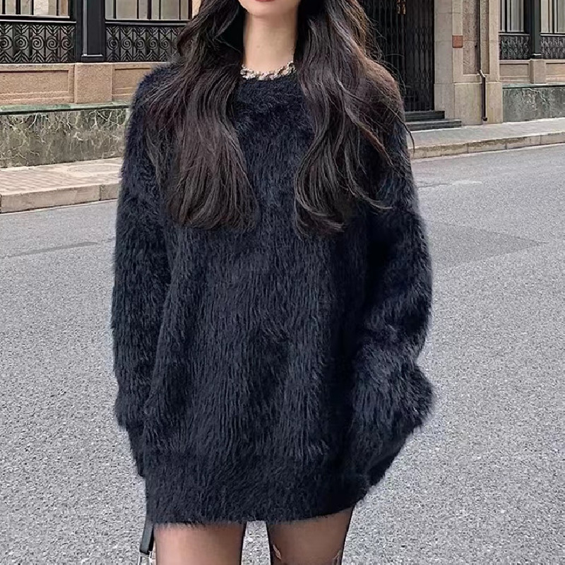 Pulover din catifea de nurcă, tricot gros, croi lejer, guler rotund, mâneci lungi