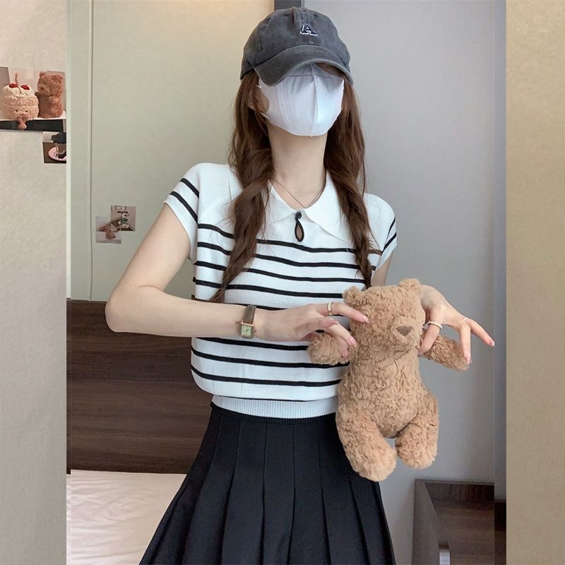 Tricou de femei Ice Silk cu model 3D, croială Slim, guler polo, mâneci scurte, lungime 40-50 cm