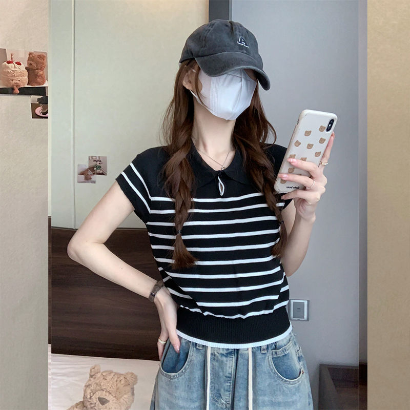 Tricou de femei Ice Silk cu model 3D, croială Slim, guler polo, mâneci scurte, lungime 40-50 cm