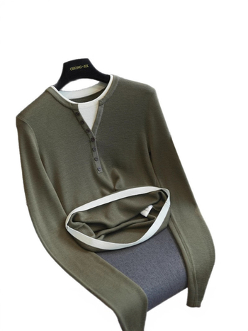 Γυναικείο μάλλινο πλεκτό πουλόβερ με μακριά μανίκια, σχέδιο σε χρωματική αρμονία, στρογγυλός λαιμός, ψεύτικος συνδυασμός δύο κομματιών