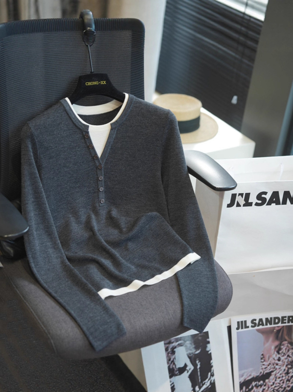 Γυναικείο μάλλινο πλεκτό πουλόβερ με μακριά μανίκια, σχέδιο σε χρωματική αρμονία, στρογγυλός λαιμός, ψεύτικος συνδυασμός δύο κομματιών