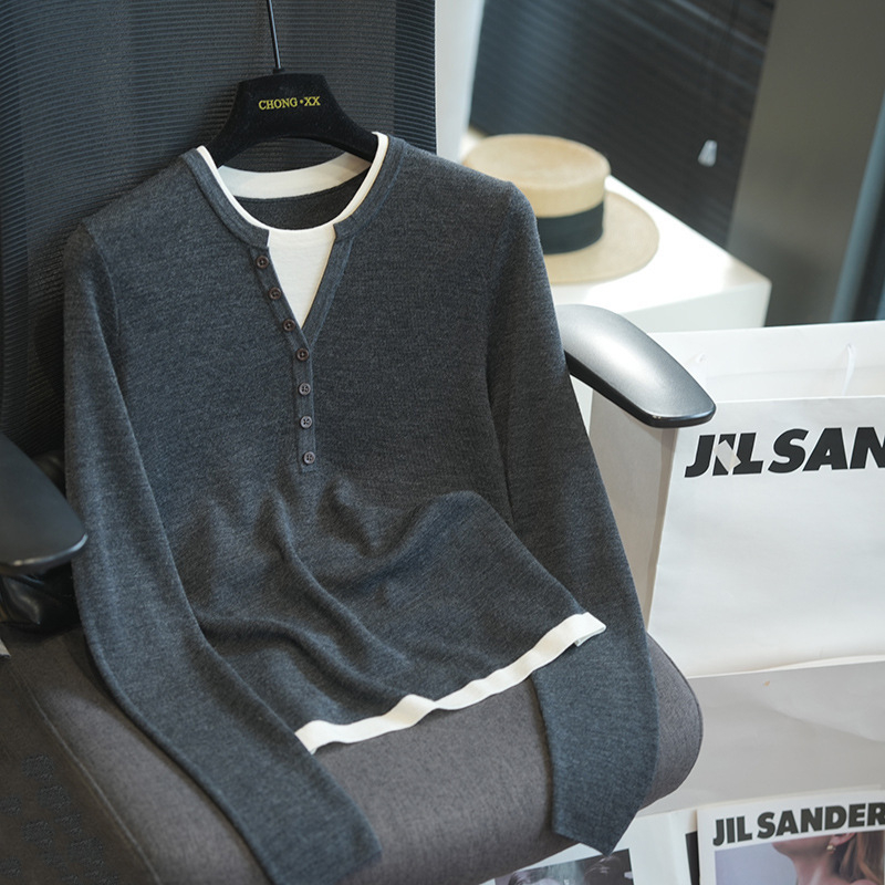 Γυναικείο μάλλινο πλεκτό πουλόβερ με μακριά μανίκια, σχέδιο σε χρωματική αρμονία, στρογγυλός λαιμός, ψεύτικος συνδυασμός δύο κομματιών