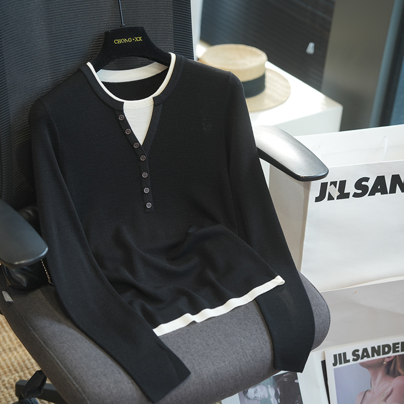 Γυναικείο μάλλινο πλεκτό πουλόβερ με μακριά μανίκια, σχέδιο σε χρωματική αρμονία, στρογγυλός λαιμός, ψεύτικος συνδυασμός δύο κομματιών