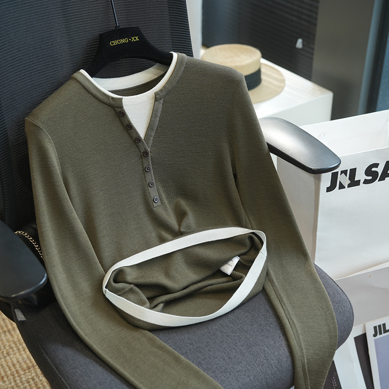 Γυναικείο μάλλινο πλεκτό πουλόβερ με μακριά μανίκια, σχέδιο σε χρωματική αρμονία, στρογγυλός λαιμός, ψεύτικος συνδυασμός δύο κομματιών