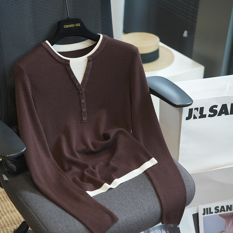 Γυναικείο μάλλινο πλεκτό πουλόβερ με μακριά μανίκια, σχέδιο σε χρωματική αρμονία, στρογγυλός λαιμός, ψεύτικος συνδυασμός δύο κομματιών