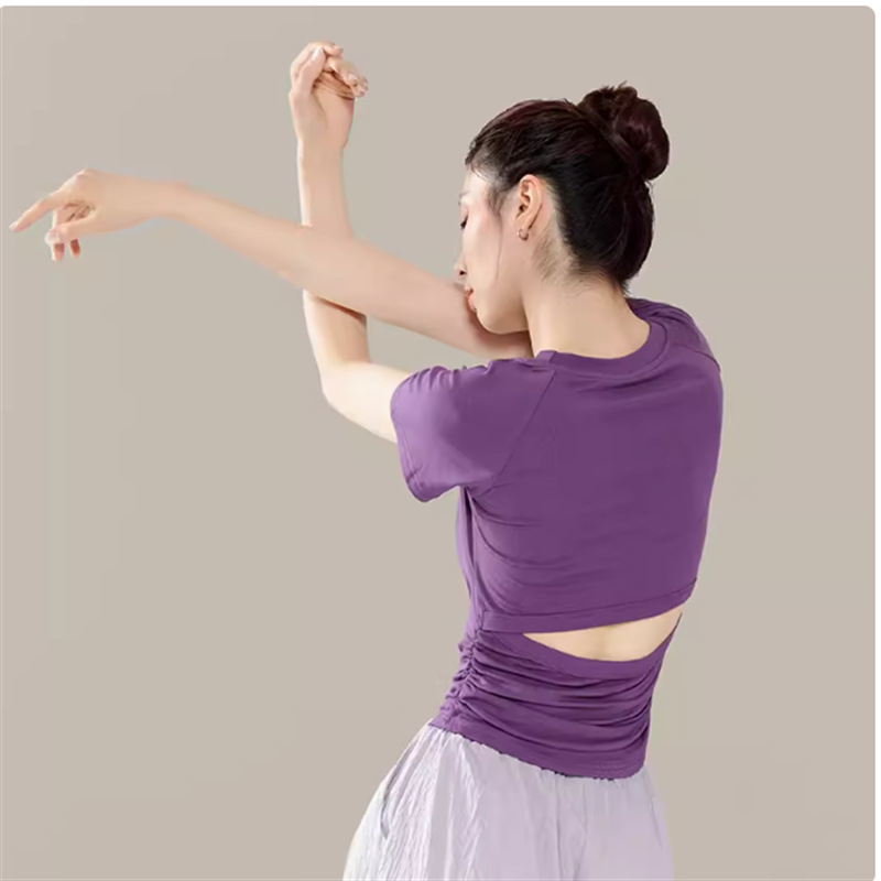 Moderné tanečné tričko s krátkym rukávom, okrúhlym výstrihom, Ice Silk látka, Spandex obsah pod 30% (leto 2024)