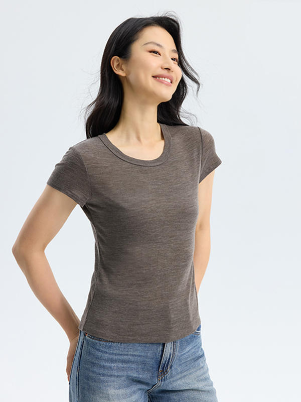 Ženska majica s kratkim rukavima od ovčje vune, okrugli izrez, casual stil, duljina 50–65 cm