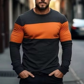 Άμεσες πωλήσεις εργοστασίων για εξαγωγικό καλοκαιρινό, κομψό, τρισδιάστατα εκτυπωμένο, χρωματικό μπλοκ, με στρογγυλό γιακά, ανδρικό μακρυμάνικο μπλουζάκι με μοτίβο patchwork, για street vacation.