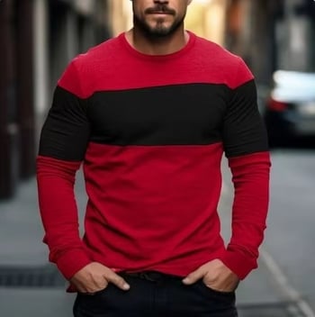 Άμεσες πωλήσεις εργοστασίων για εξαγωγικό καλοκαιρινό, κομψό, τρισδιάστατα εκτυπωμένο, χρωματικό μπλοκ, με στρογγυλό γιακά, ανδρικό μακρυμάνικο μπλουζάκι με μοτίβο patchwork, για street vacation.