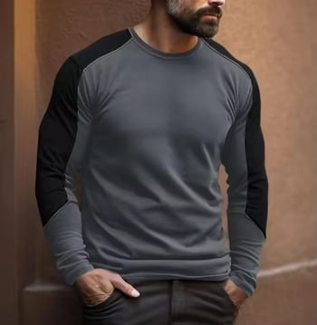 Άμεσες πωλήσεις εργοστασίων για εξαγωγικό καλοκαιρινό, κομψό, τρισδιάστατα εκτυπωμένο, χρωματικό μπλοκ, με στρογγυλό γιακά, ανδρικό μακρυμάνικο μπλουζάκι με μοτίβο patchwork, για street vacation.