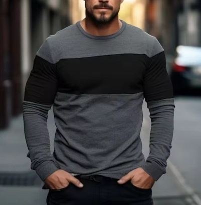 Άμεσες πωλήσεις εργοστασίων για εξαγωγικό καλοκαιρινό, κομψό, τρισδιάστατα εκτυπωμένο, χρωματικό μπλοκ, με στρογγυλό γιακά, ανδρικό μακρυμάνικο μπλουζάκι με μοτίβο patchwork, για street vacation.