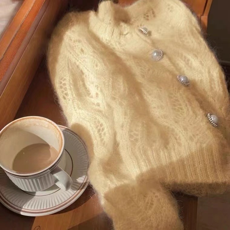 Mohair kardigan s kapuljom, polo ovratnik, dugi rukavi, slobodan kroj, mješavina mohair-spandeks