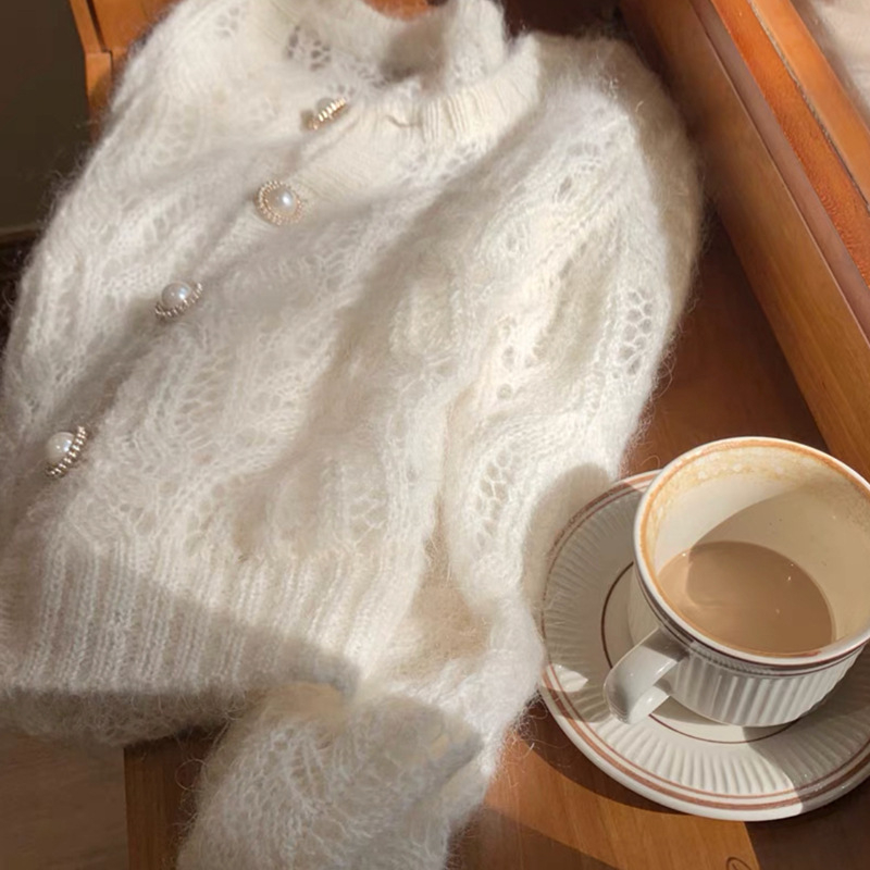 Mohair kardigan s kapuljom, polo ovratnik, dugi rukavi, slobodan kroj, mješavina mohair-spandeks