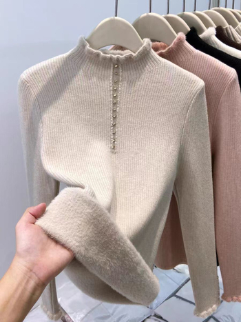 Γυναικεία φλις-πούλόβερ με κουκούλα, ημι-υψωμένος λαιμός, παχιά πλεκτή ύφανση, μονόχρωμο, κανονική γραμμή