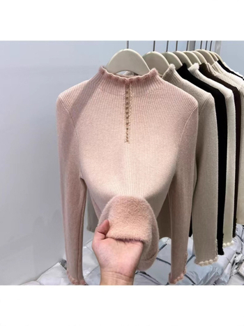 Γυναικεία φλις-πούλόβερ με κουκούλα, ημι-υψωμένος λαιμός, παχιά πλεκτή ύφανση, μονόχρωμο, κανονική γραμμή