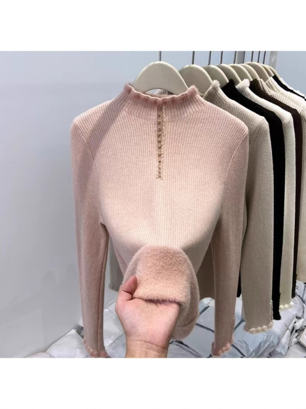 Γυναικεία φλις-πούλόβερ με κουκούλα, ημι-υψωμένος λαιμός, παχιά πλεκτή ύφανση, μονόχρωμο, κανονική γραμμή