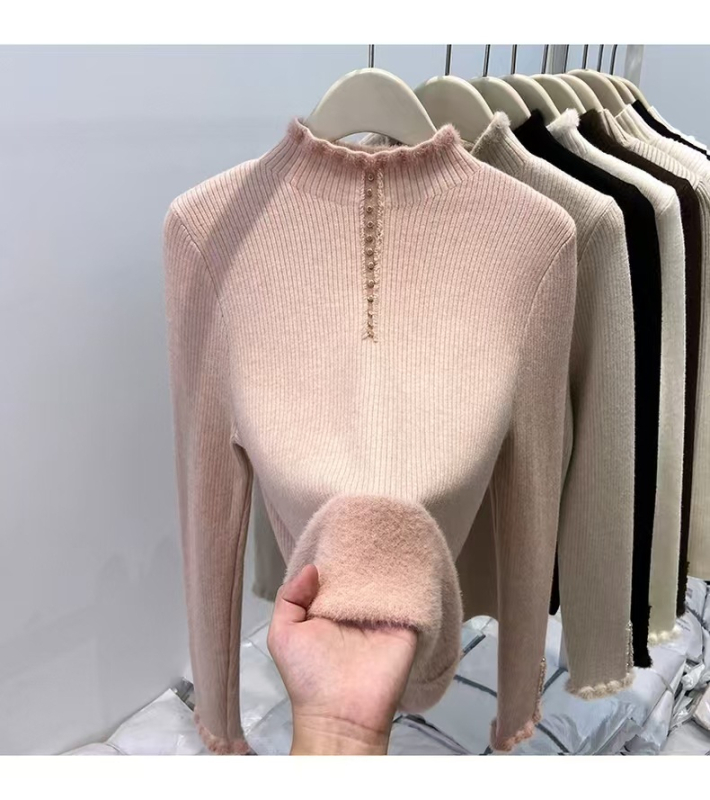 Γυναικεία φλις-πούλόβερ με κουκούλα, ημι-υψωμένος λαιμός, παχιά πλεκτή ύφανση, μονόχρωμο, κανονική γραμμή