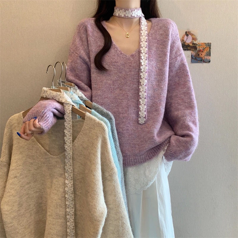 Ženski oversize pleteni džemper s V-izrezom, vezenje, 95% viskoze, duljina 50–65 cm