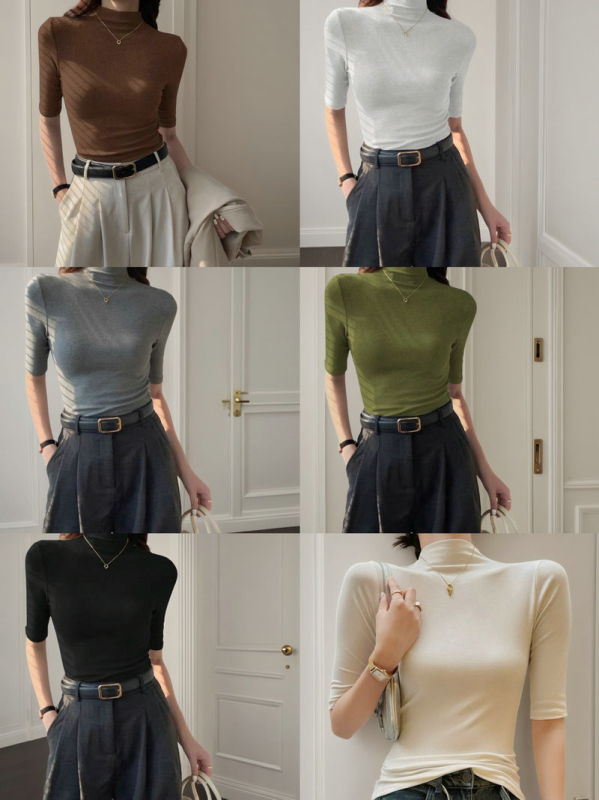 Pleteni top s polovičnim visokim ovratnikom, regularni rukavi, viskoza-elastanska pletenina, glatki uzorak, obična duljina, elegantan gradski stil