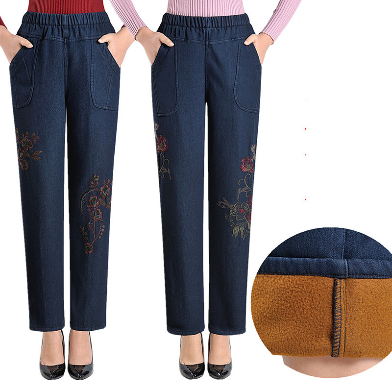 Traperice za žene srednje dobi i starije, visoki pojas, ravne nogavice, pamuk denim s vezenjem.