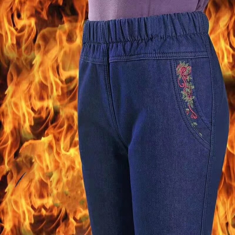 Traperice za žene srednje dobi i starije, visoki pojas, ravne nogavice, pamuk denim s vezenjem.