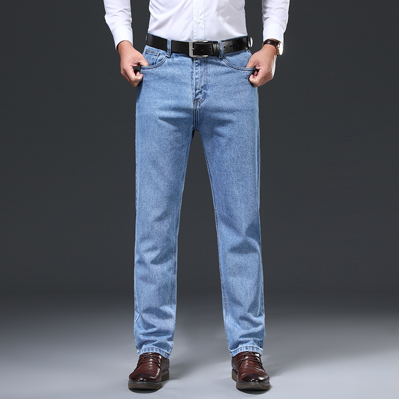 Férfi pamut farmernadrág, laza szabás, magas derék, cipzáras záródás, vastag téli anyag, dekoratív zsebek