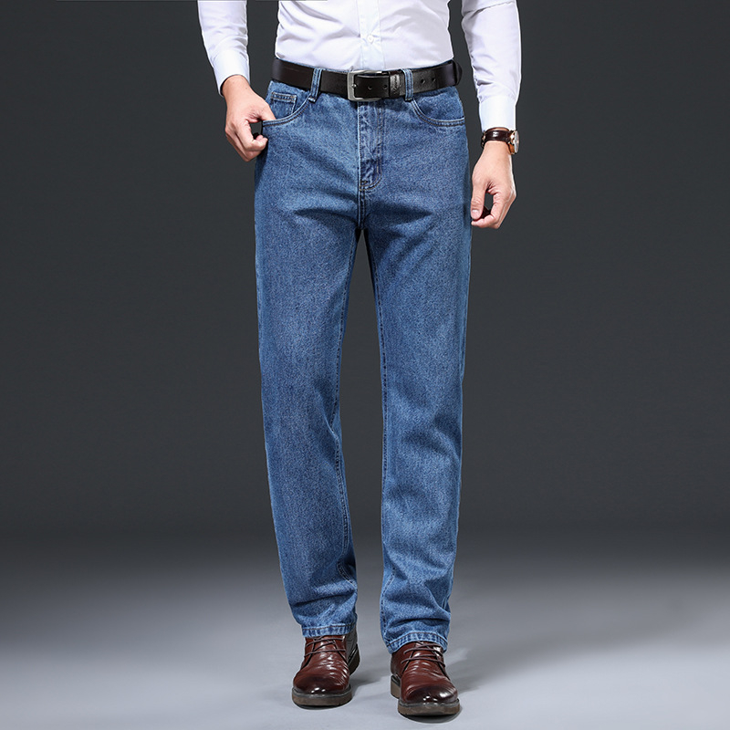 Férfi pamut farmernadrág, laza szabás, magas derék, cipzáras záródás, vastag téli anyag, dekoratív zsebek