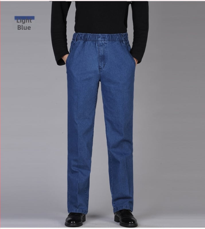 Pánske džínsy s vysokým pásom, rovný strih, denim z bavlnenej zmesi, pieskové pranie, jar-jesen