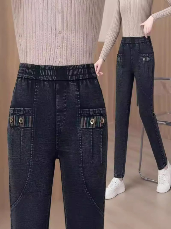 Ženske uske traperice s flis podstavom, visokim strukom, uske, pamuk-spandeks denim, zima 2025