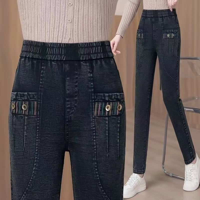 Ženske uske traperice s flis podstavom, visokim strukom, uske, pamuk-spandeks denim, zima 2025