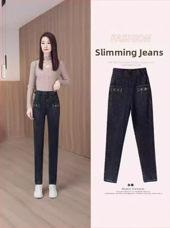 Dámske skinny džínsy s fleecovou výstelkou, vysoký pás, casual japonsko-kórejský štýl, bavlna-elastán zmes (70–80% bavlna, <30% elastán), hrubšia tkanina, zimná kolekcia 2025