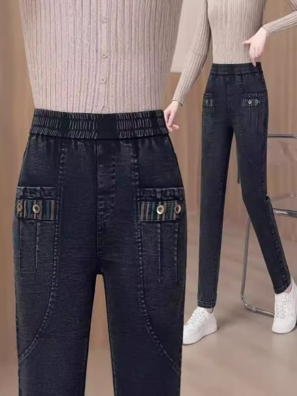 Dámske skinny džínsy s fleecovou výstelkou, vysoký pás, casual japonsko-kórejský štýl, bavlna-elastán zmes (70–80% bavlna, <30% elastán), hrubšia tkanina, zimná kolekcia 2025