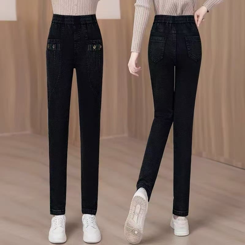 Dámske skinny džínsy s fleecovou výstelkou, vysoký pás, casual japonsko-kórejský štýl, bavlna-elastán zmes (70–80% bavlna, <30% elastán), hrubšia tkanina, zimná kolekcia 2025