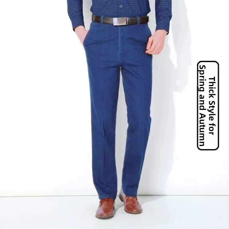 Jeans pentru bărbați de vârstă mijlocie, talie înaltă, croială dreaptă, denim din bumbac spălat