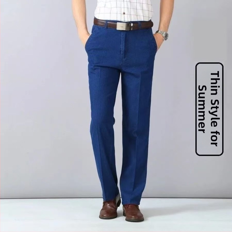 Jeans pentru bărbați de vârstă mijlocie, talie înaltă, croială dreaptă, denim din bumbac spălat