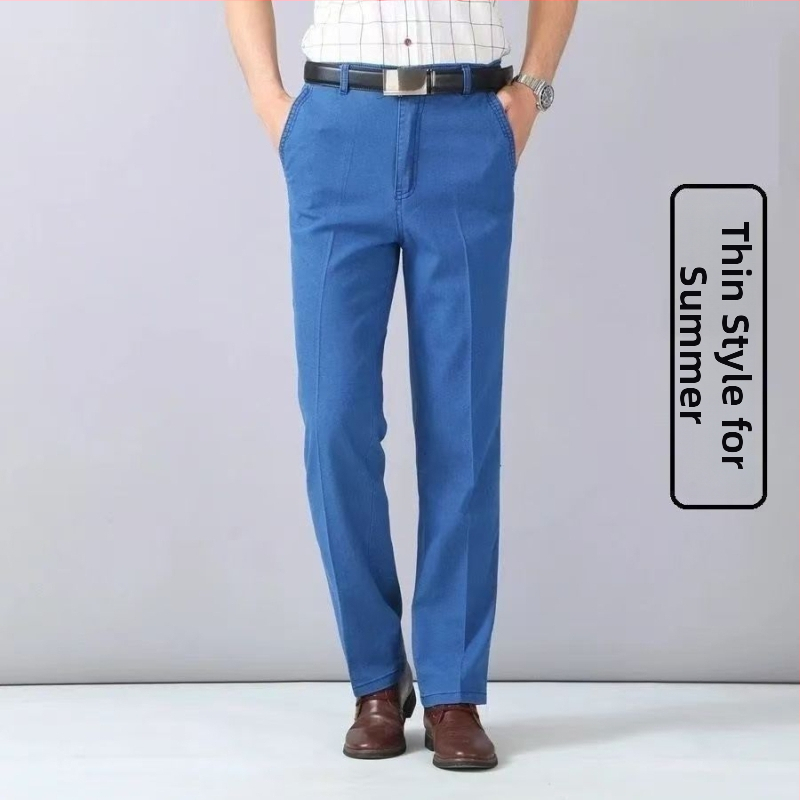 Jeans pentru bărbați de vârstă mijlocie, talie înaltă, croială dreaptă, denim din bumbac spălat