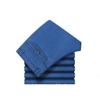 Pánske džínsy pre stredne starých mužov, vysoký pás, rovný strih, washed denim, bavlnený denim