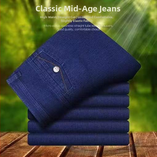 Pánske džínsy pre stredne starých mužov, vysoký pás, rovný strih, washed denim, bavlnený denim